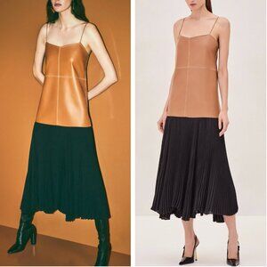 NEW ALEXIS Piatta Midi Dress S/M Saddle/Tan Black Two Tone Pleated Cocktail